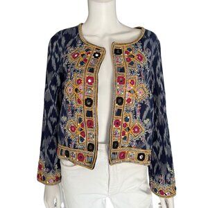 Calypso St. Barth Navy Akillna Ikat Jacket With Colorful Embroidered Mirror Deta